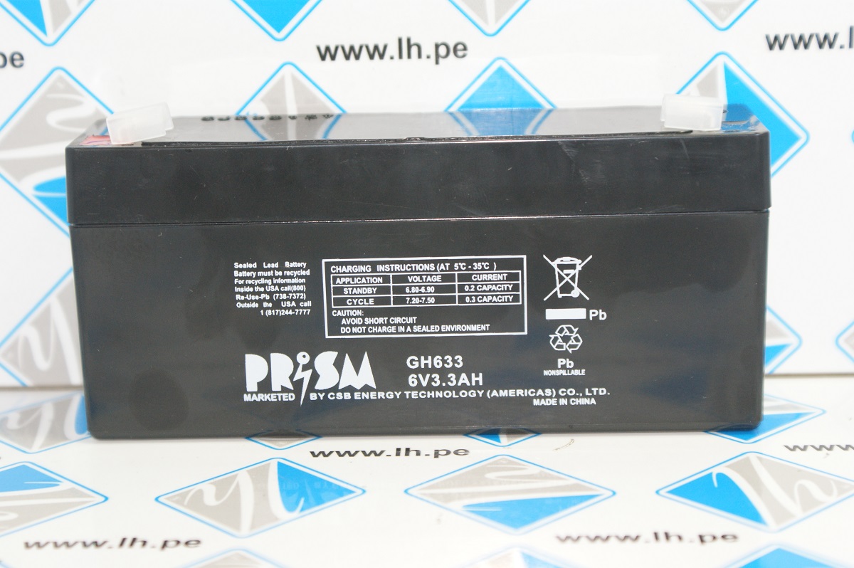 GH633            Batería Recargable Prism GH 633, 6V 3.3Ah sealed rechargeable battery. Prism sealed lead acid batteries are marketed by CSB Battery